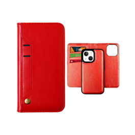 iPhone 14 Plus / 15 Plus Genuine Leather Magnetic Wallet Case with Credit Card Slot - RED (Only Ground Shipping)