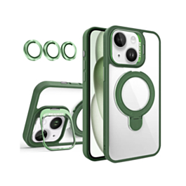 Magnetic Clear Case with 2 Kickstand & Camera Lens - DARK GREEN for iPhone 15 (Only Ground Shipping)