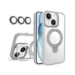 Magnetic Clear Case with 2 Kickstand & Camera Lens - GRAY for iPhone 15 (Only Ground Shipping)