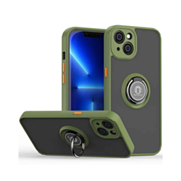 iPhone 15 Plus Hard PC Rear / Soft TPU Colorful Border Case w / I - ring Holder - NAVY GREEN (Only Ground Shipping)