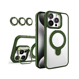Magnetic Clear Case with 2 Kickstand & Camera Lens - DARK GREEN for iPhone 15 Pro (Only Ground Shipping)