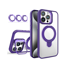 Magnetic Clear Case with 2 Kickstand & Camera Lens - DARK PURPLE for iPhone 15 Pro (Only Ground Shipping)