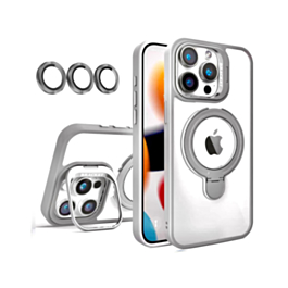 Magnetic Clear Case with 2 Kickstand & Camera Lens - GRAY for iPhone 15 Pro (Only Ground Shipping)