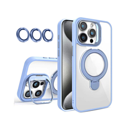 Magnetic Clear Case with 2 Kickstand & Camera Lens - LIGHT BLUE for iPhone 15 Pro (Only Ground Shipping)
