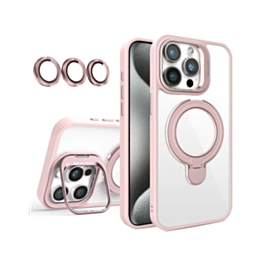 Magnetic Clear Case with 2 Kickstand & Camera Lens - PINK for iPhone 15 Pro (Only Ground Shipping)