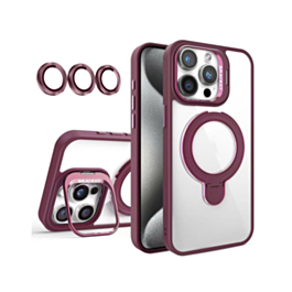 Magnetic Clear Case with 2 Kickstand & Camera Lens (Burgundy) for iPhone 15 Pro (Only Ground Shipping)