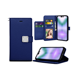 Elegant Leather Wallet Case - BLUE for iPhone 15 Pro Max (Only Ground Shipping)