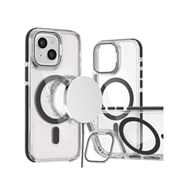 Thin Magnetic Clear Case with Camera Stand Kickstand - BLACK for iPhone 14 Plus / 15 Plus (Only Ground Shipping)