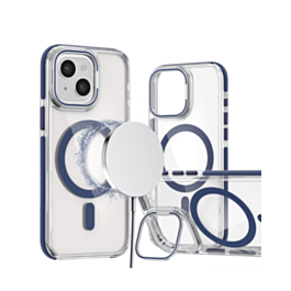 Thin Magnetic Clear Case with Camera Stand Kickstand - BLUE for iPhone 14 Plus / 15 Plus (Only Ground Shipping)