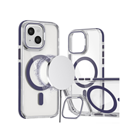 Thin Magnetic Clear Case with Camera Stand Kickstand - PURPLE for iPhone 14 Plus / 15 Plus (Only Ground Shipping)