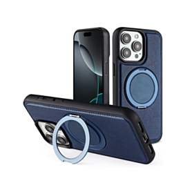 Slim Leather Case with Wireless Charging Kickstand - BLUE for iPhone 15 Pro (Only Ground Shipping)
