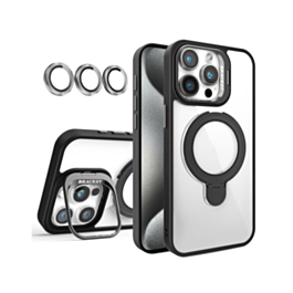 Magnetic Clear Case with 2 Kickstand & Camera Lens - BLACK for iPhone 15 Pro (Only Ground Shipping)