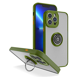 Hard PC Rear / Soft TPU Colorful Border Case with I-ring Holder - NAVY GREEN for iPhone 15 Pro (Only Ground Shipping)