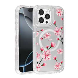 Flower Design Transparent Case with Wireless Charger - Style 1 for iPhone 15 Pro (Only Ground Shipping)