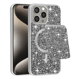 Magnetic Diamond Dual Layer Protection Case with Magnetic Card Slot- SILVER for iPhone 15 Pro Max (Only Ground Shipping)