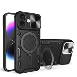 iPhone 16 Dual Layers Hybrid Case with Metal Ring And Camera Protector - BLACK (Only Ground Shipping)
