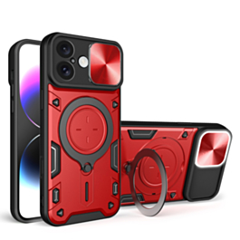 iPhone 16 Dual Layers Hybrid Case with Metal Ring And Camera Protector - RED (Only Ground Shipping)