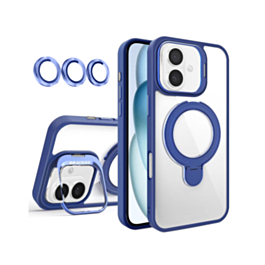 Magnetic Clear Case with 2 Kickstand & Camera Lens - DARK BLUE for iPhone 16 (Only Ground Shipping)