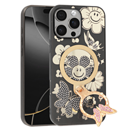 Luxury Diamond Shiny Cases with Butterfly Ring Design - BLACK for iPhone 16 Pro Max (Only Ground Shipping)