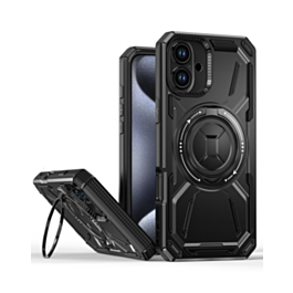 Full-Body Rugged Shockproof Case with Built-in Ring Holder - BLACK for iPhone 16 Plus (Only Ground Shipping)
