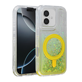 Wireless Charging Protective Glitter Liquid Bumper Case - YELLOW for iPhone 16 Plus (Only Ground Shipping)