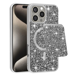 Magnetic Diamond Dual Layer Protection Case with Magnetic Card Slot- SILVER for iPhone 16 Pro Max (Only Ground Shipping)