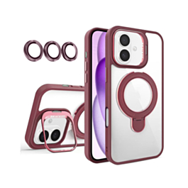 Magnetic Clear Case with 2 Kickstand & Camera Lens (Burgundy) for iPhone 17 (Only Ground Shipping)