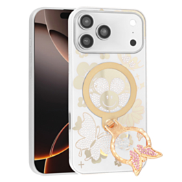 Luxury Diamond Shiny Cases with Butterfly Ring Design - WHITE for iPhone 17 Pro (Only Ground Shipping)