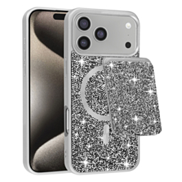 Magnetic Diamond Dual Layer Protection Case with Magnetic Card Slot- SILVER for iPhone 17 Pro (Only Ground Shipping)