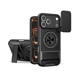 Shockproof Mag Safe Slide Lens Case with Ring Holder - BLACK for iPhone 17 Pro (Only Ground Shipping)