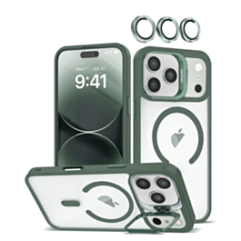 Thin Magnetic Clear Case with Camera Stand & Camera Cover - DARK GREEN for iPhone 17 Pro (Only Ground Shipping)