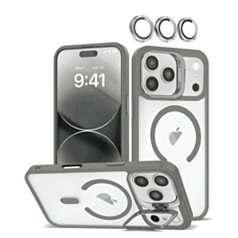 Thin Magnetic Clear Case with Camera Stand & Camera Cover - GRAY for iPhone 17 Pro (Only Ground Shipping)