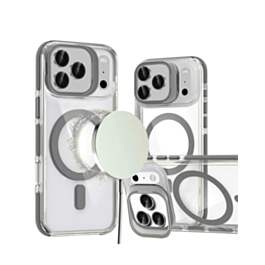 Thin Magnetic Clear Case with Camera Stand Kickstand (Gray) for iPhone 17 Pro / 18 Pro (Only Ground Shipping)
