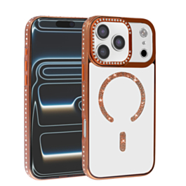 Magnetic Clear Glitter Case with Rhinestone Frame for iPhone 17 Pro Max (ORANGE) (Only Ground Shipping)