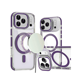 Thin Magnetic Clear Case with Camera Stand Kickstand (Purple) for iPhone 17 Pro Max / 18 Pro Max (Only Ground Shipping)