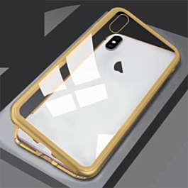 Ultra Slim Magnet Protective Case with Metal Frame Tempered Glass Back - GOLD BORDER for iPhone XR (Only Ground Shipping)