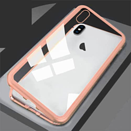 Ultra Slim Magnet Protective Case with Metal Frame Tempered Glass Back - ROSE GOLD BORDER for iPhone XR (Only Ground Shipping)