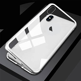 Ultra Slim Magnet Protective Case with Metal Frame Tempered Glass Back - SILVER BORDER for iPhone XR (Only Ground Shipping)