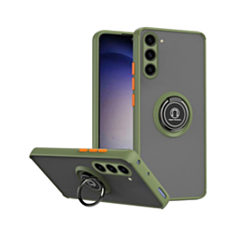 Galaxy S23 FE Hard PC Rear / Soft TPU Colorful Border Case with I-ring Holder - NAVY GREEN (Only Ground Shipping)