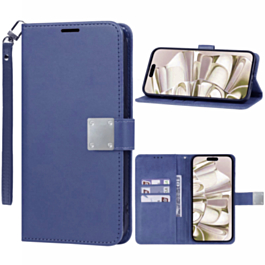 Elegant Leather Wallet Case with Wristlet Strap - BLUE for Galaxy S25E (Only Ground Shipping)