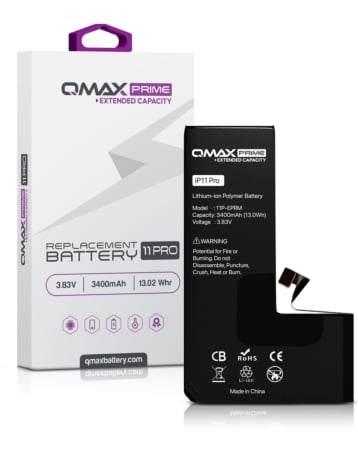 QMAX Prime Extended Capacity Replacement Battery for iPhone 11 Pro (Spot Weld NOT Required) (3400 mAh) (Only Ground Shipping)