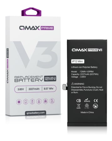 Stock up on the QMAX Prime V3 Replacement Battery for iPhone 12 Mini with 2227 mAh capacity and no pop-up feature.
