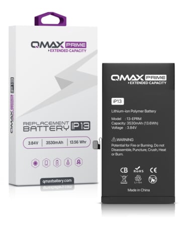 Grab the wholesale deals on the QMAX Prime Extended Capacity Replacement Battery for iPhone 13 Spot Weld NOT Required 3530 mAH.

