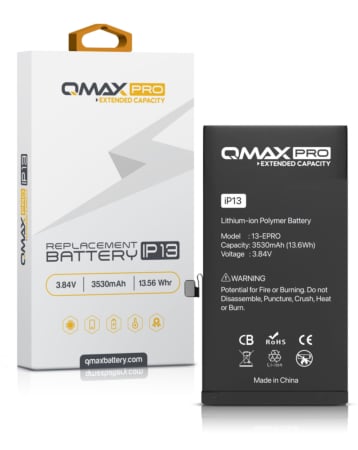 Stock up on the QMAX Pro Extended Capacity Replacement Battery for iPhone 13 with 3530 mAH capacity.
