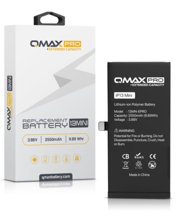 Order the QMAX Pro Extended Capacity Replacement Battery for iPhone 13 Mini 2550 mAH.

