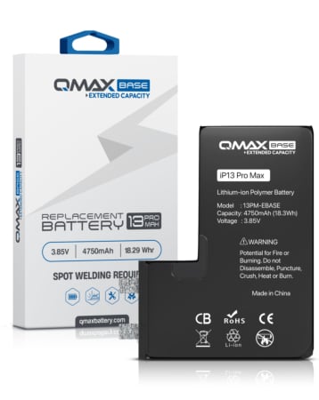 Order the QMAX base extended capacity replacement battery for iPhone 13 Pro Max, 4750 mAh, spot weld required.

