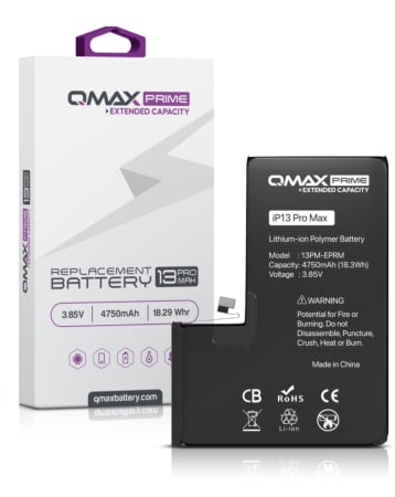 Grab the wholesale deals on the QMAX Prime extended capacity replacement battery for iPhone 13 Pro Max, 4750 mAh, spot weld not required.


