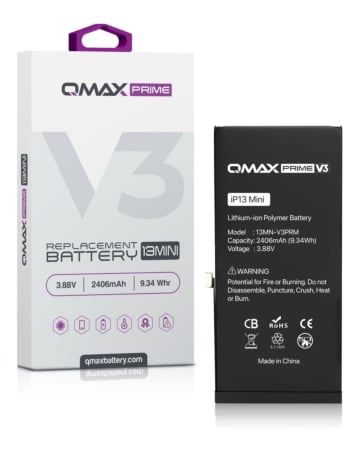 Order the QMAX Prime V3 Replacement Battery for iPhone 13 Mini No Pop-Up 2406 mAh.

