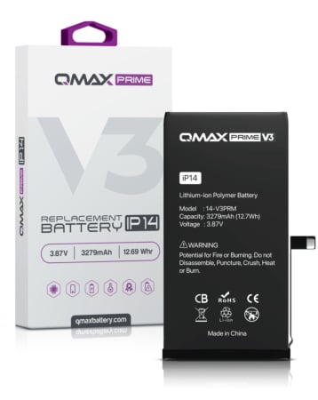 Buy the iPhone 14 QMAX Prime V3 replacement battery, 3279 mAh, with no pop-up.