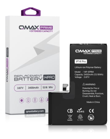 Order the QMAX Prime extended capacity replacement battery for iPhone 14 Pro, spot weld not required, with 3400 mAh.
